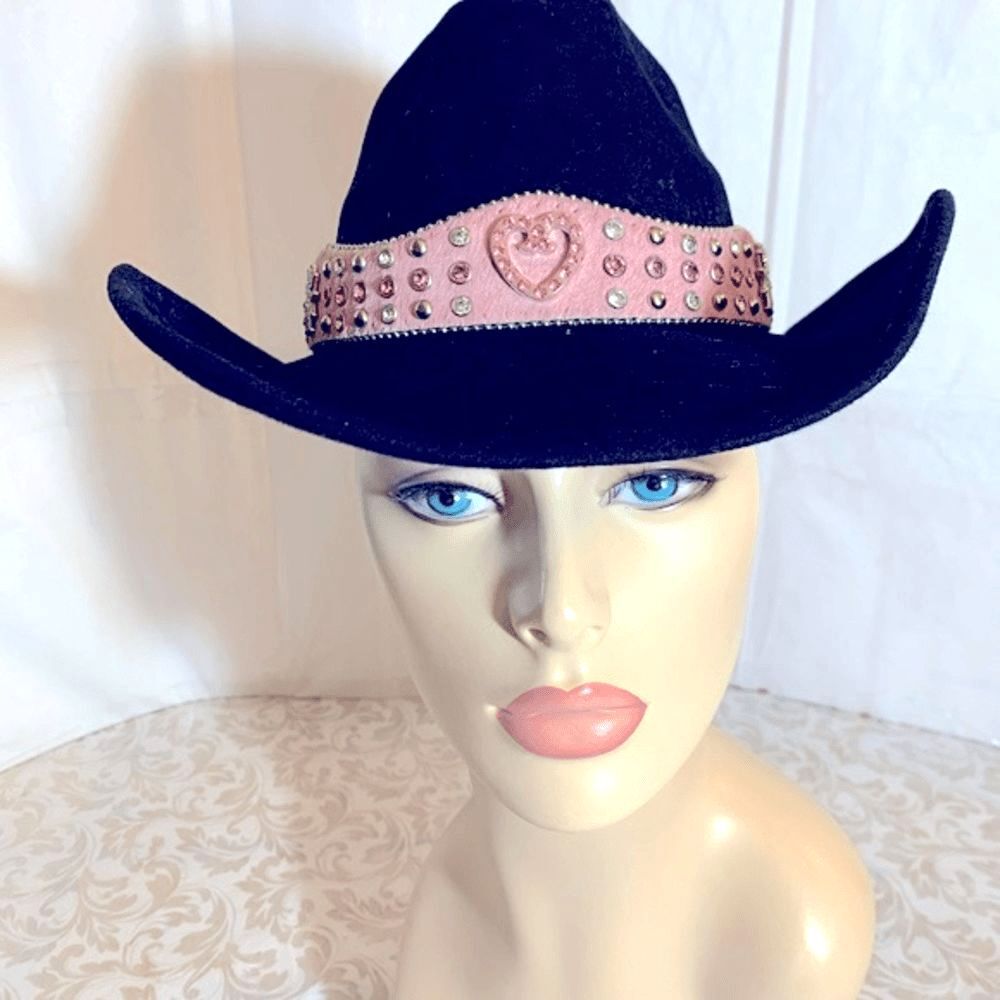 BullHide Cowgirl Cowboy Hat Black Wool Pink Calf Hair Jewel Studded Hatband S/M